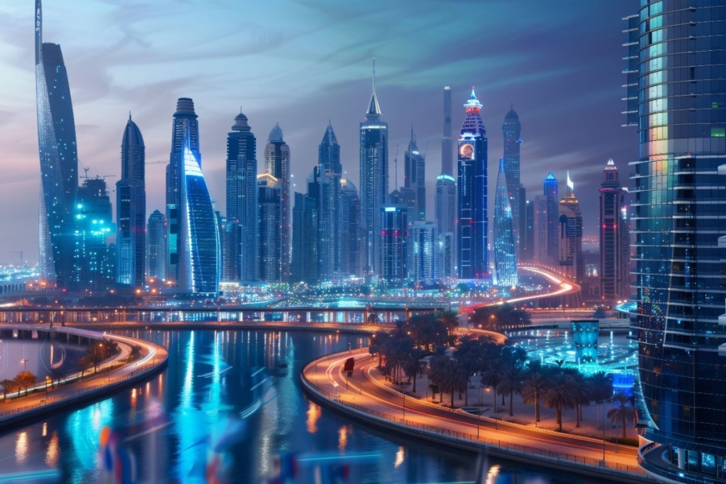 Dubai skyline at dusk highlighting luxury towers symbolizing real estate as a global safe haven for wealth in 2025.